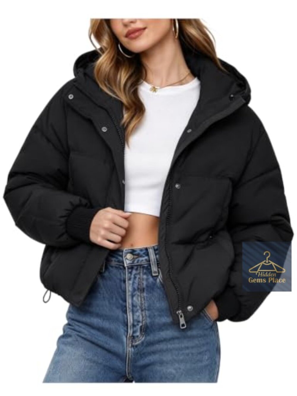 Cropped Hooded Puffer Jacket Quilted Winter Coat